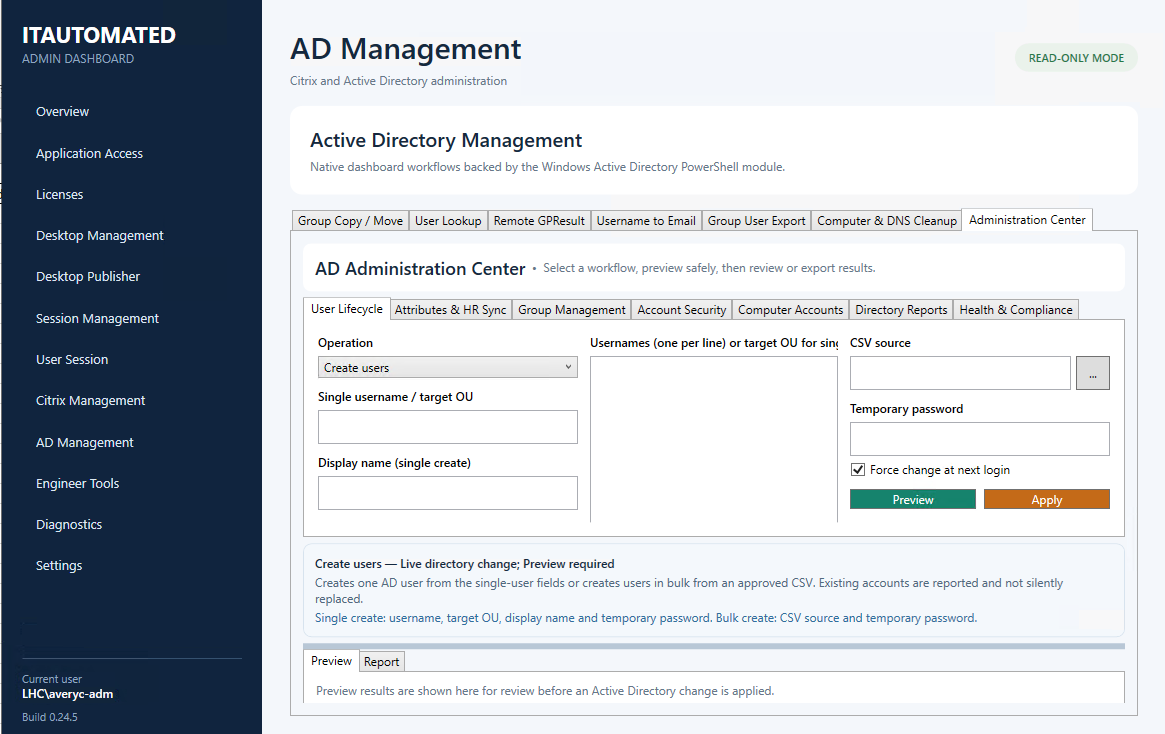 IT-Automated Active Directory Management dashboard